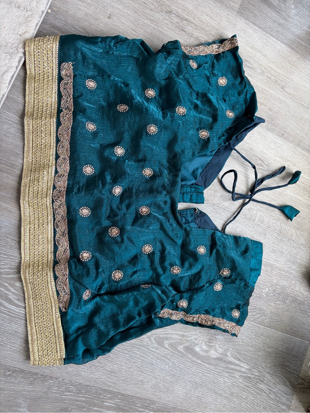 Teal Embellished Saree Set with Gold Trim
